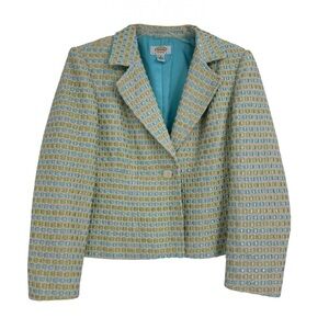 Talbots Jacket Womens Size 8P silk Button Front Lined Ribbon Tweed Green Blue